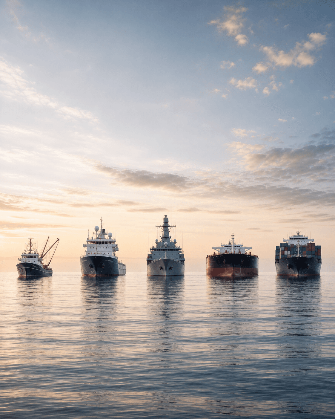 Five distinct vessels aligned across a calm horizon.