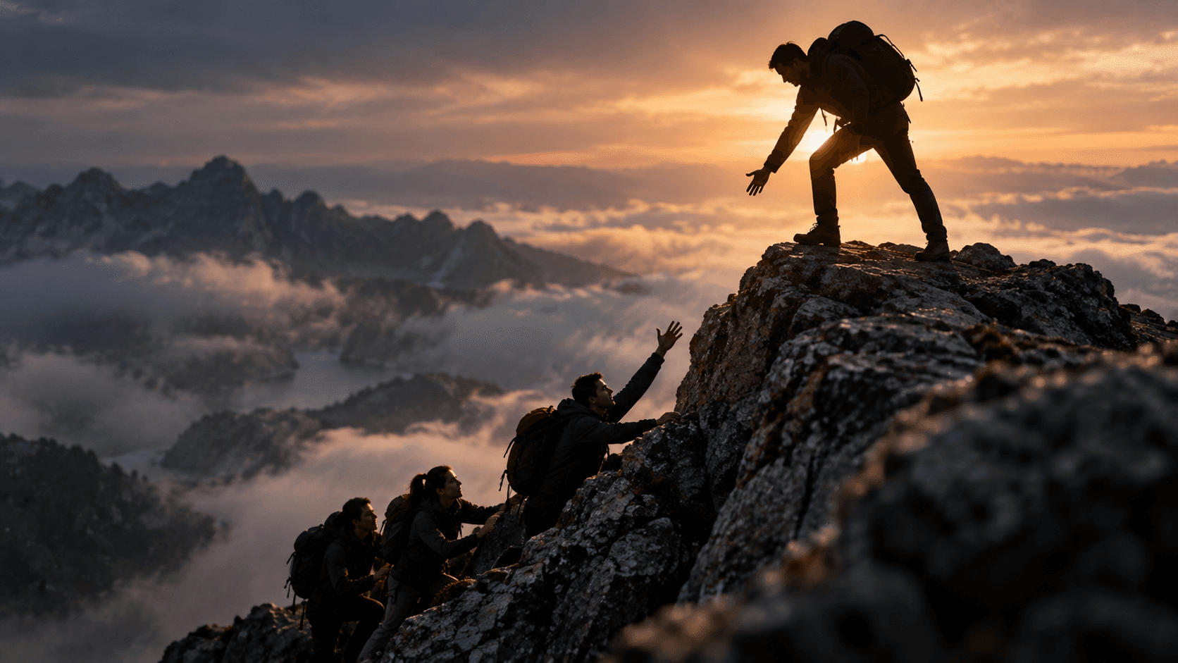 A guide reaches down to a hiker climbing a steep mountain ridge while their team follows below