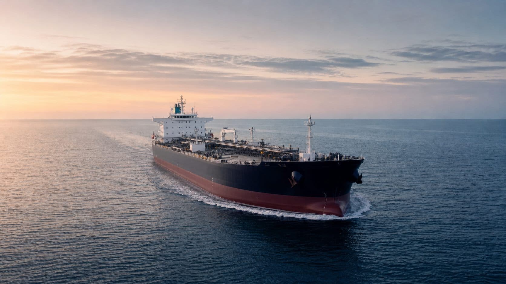 A tanker moving steadily across the sea at sunset
