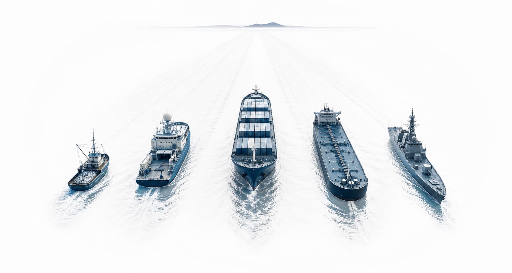 A top-down illustration of five distinct ships travelling together as one fleet.