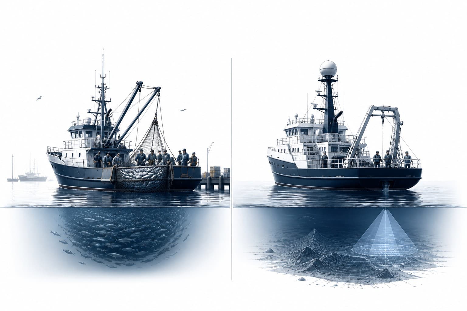 A split-screen illustration comparing a fishing vessel returning with full nets and a research vessel mapping unknown waters.